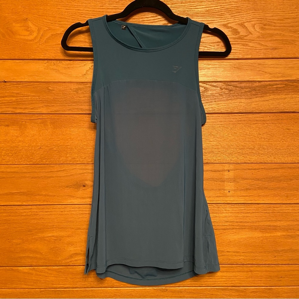 Gymshark teal blue green sheer panel mesh cutout back workout tank